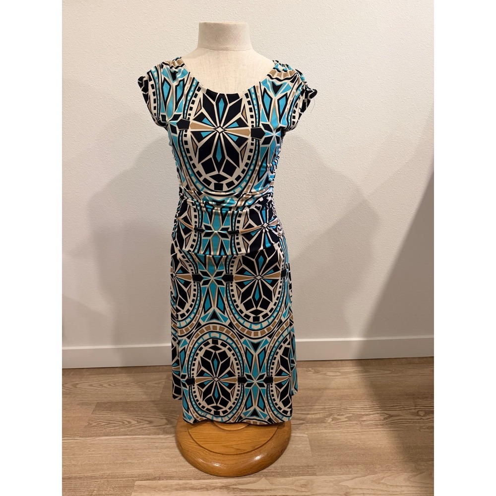 Focus Studio Geometric Kaleidoscope Print Ruched Side Cap Sleeve Dress Blue 6